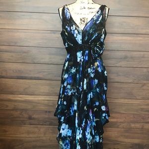 V Neck Beaded Silk Floral Blue Floor length Dress